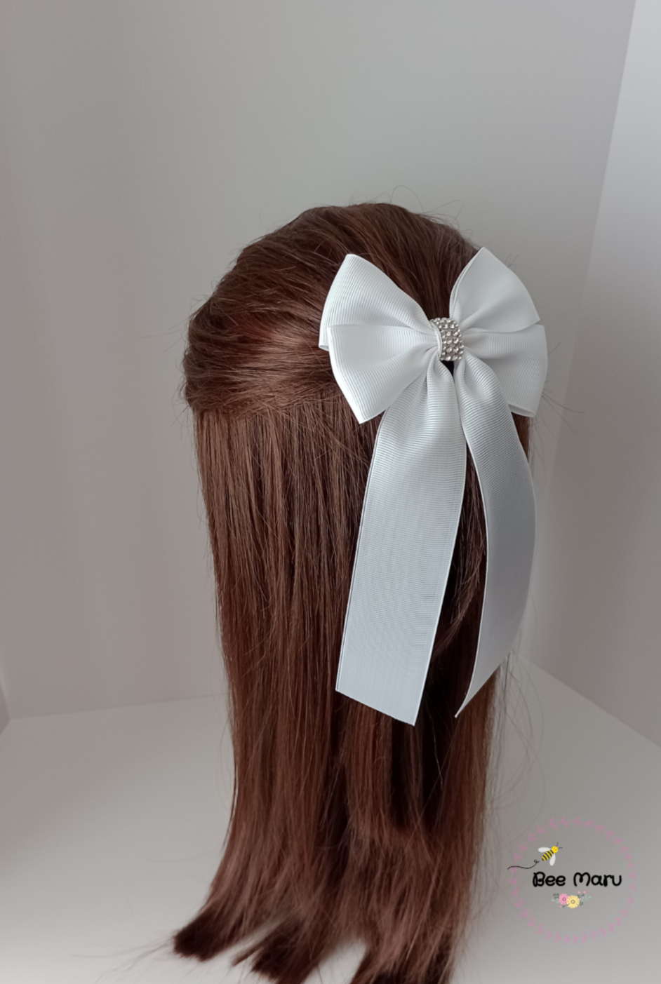 Big white Ribbon Bow with Crystal Charm Centre - Classic Hair Accessory for Special Occasions