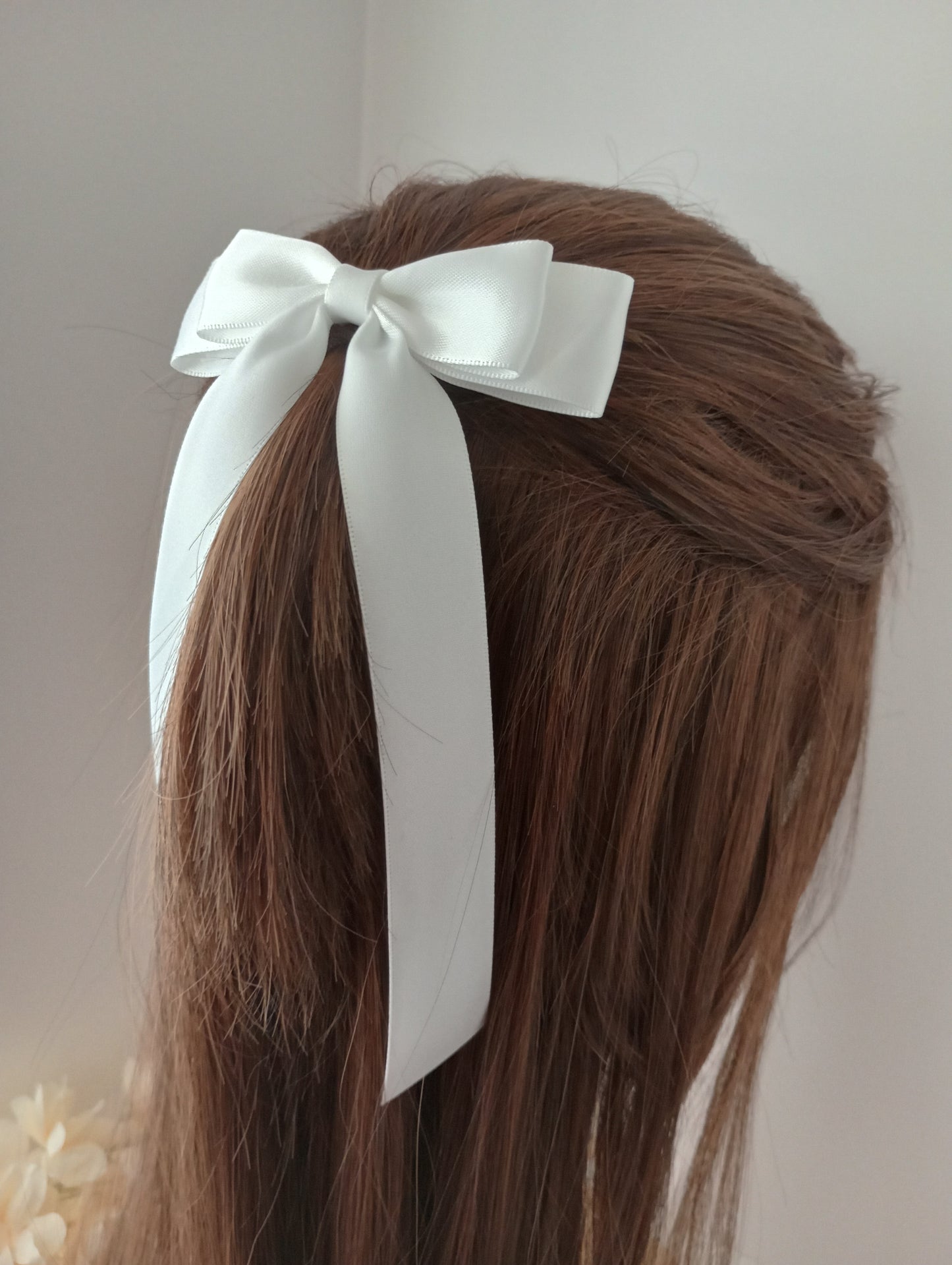White satin hair bow clip