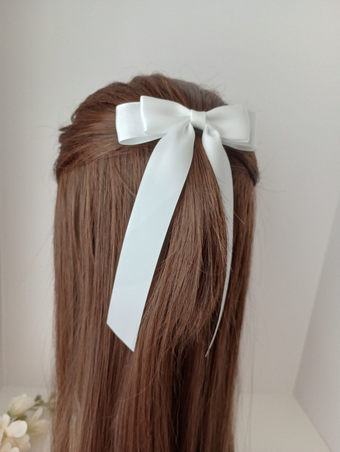 White satin hair bow clip