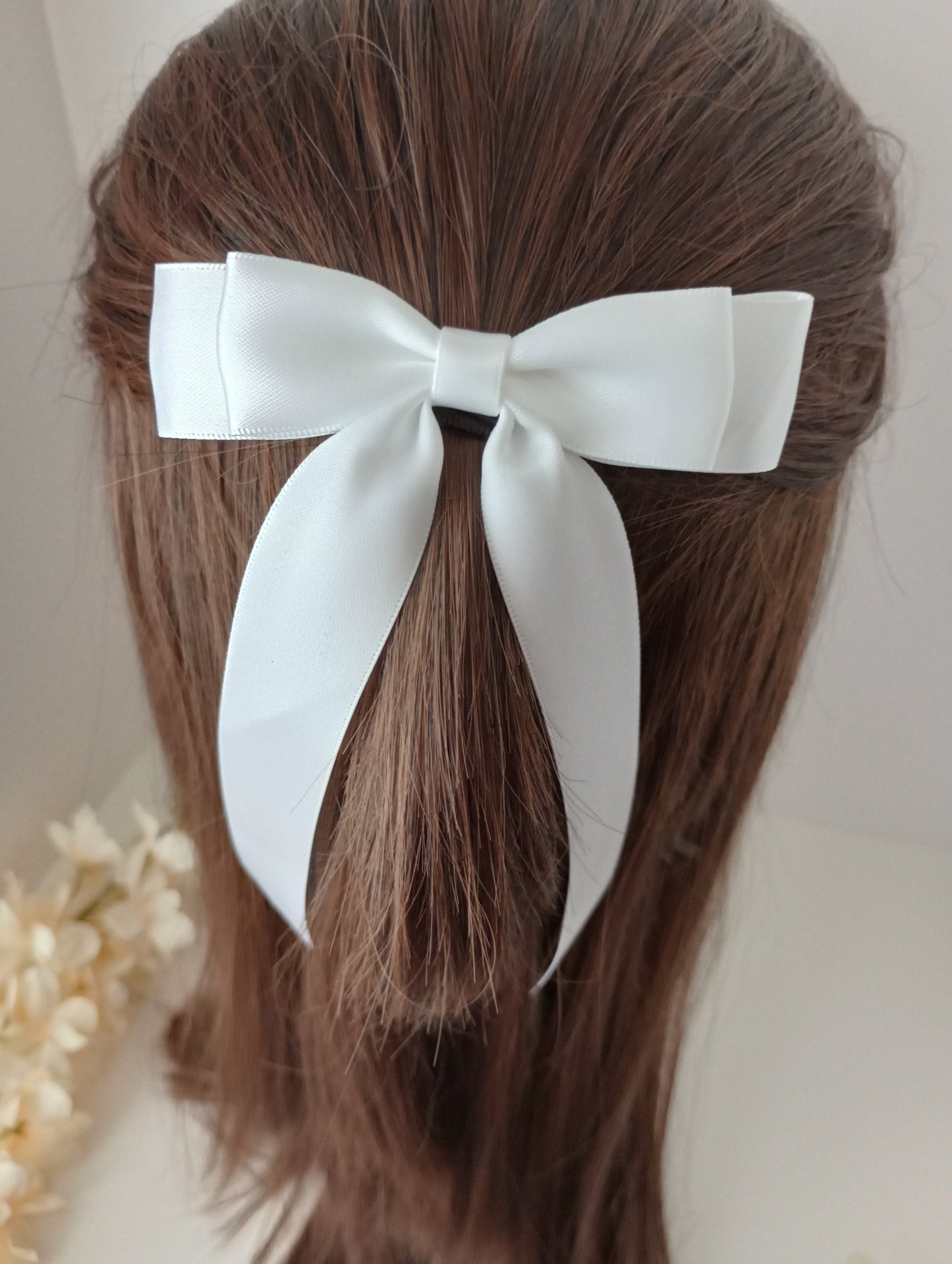 White satin hair bow clip