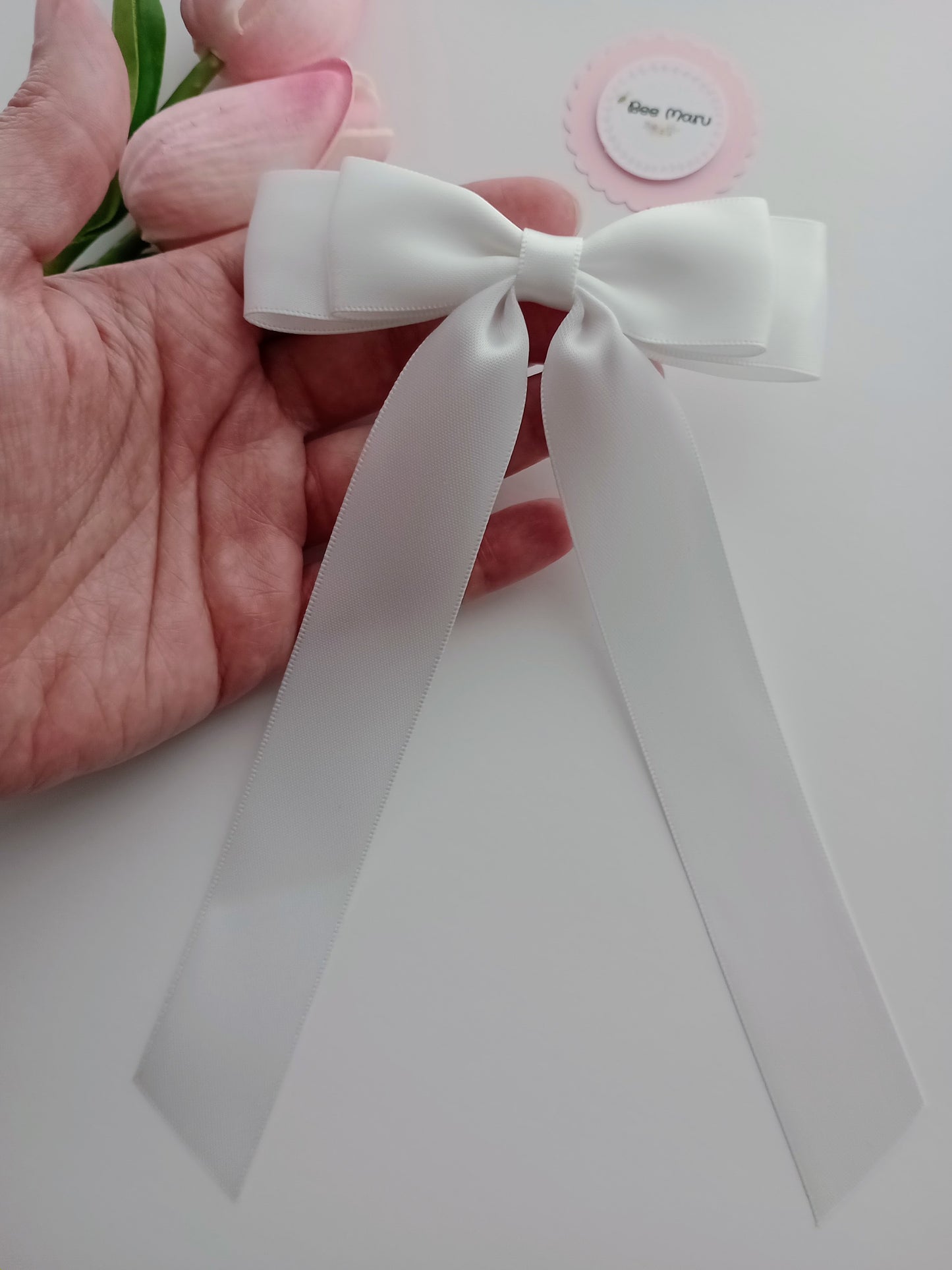 White satin hair bow clip