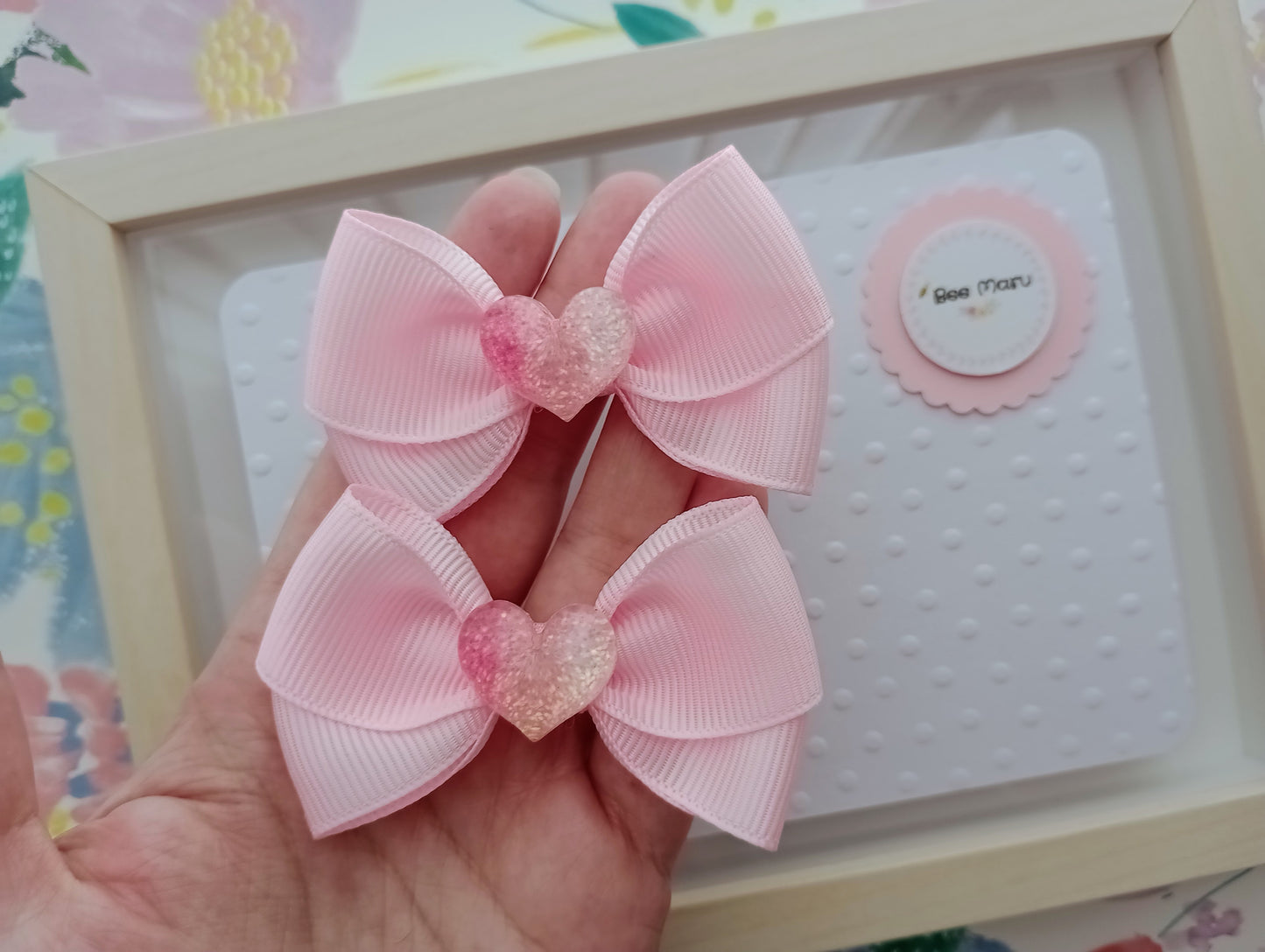 Handmade Pink Hair Bow with Sparkly Heart Charm