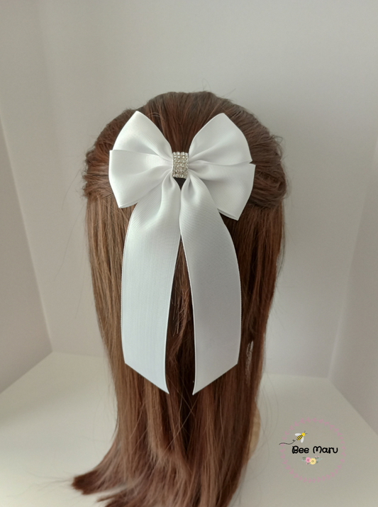 Big white Ribbon Bow with Crystal Charm Centre - Classic Hair Accessory for Special Occasions