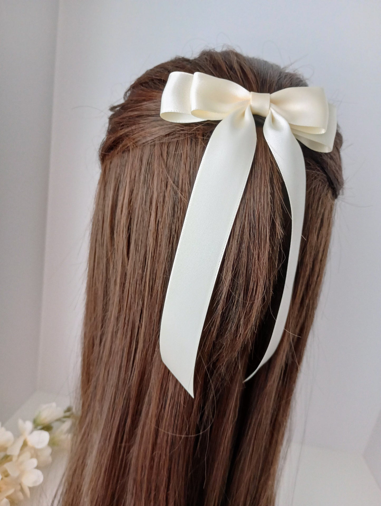 Ivory Satin Bow with Long Tails - Perfect Bridal Hair Accessory