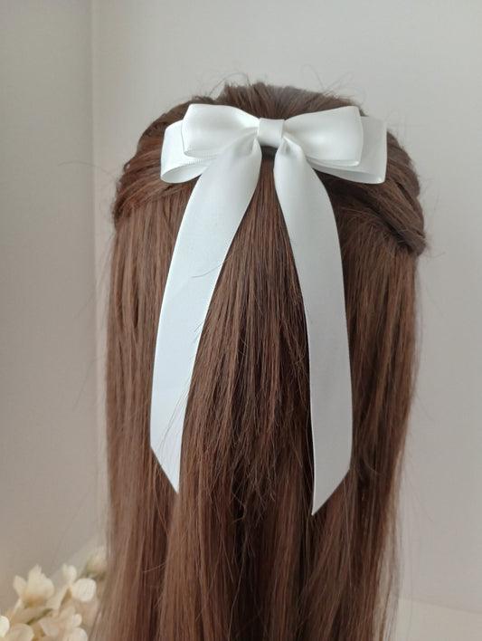 White satin hair bow clip