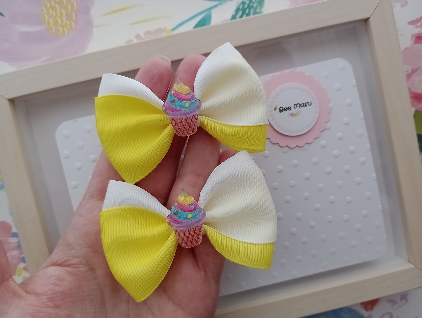 Cupcake Yellow and White Hair Bow Clip