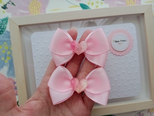 Handmade Pink Hair Bow with Sparkly Heart Charm